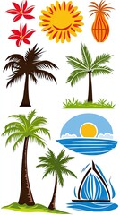 Fototapeta premium Tropical Scene Illustration, Silhouette of Palm Trees, Sun, Flowers, and Ocean