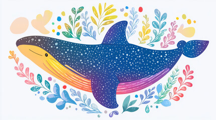 colorful, whimsical illustration of whale surrounded by vibrant, decorative foliage and abstract shapes, creating playful and imaginative underwater scene