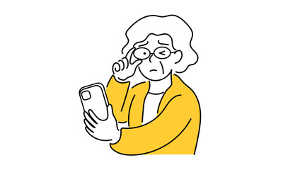 スマートフォンを見る高齢女性のイラスト