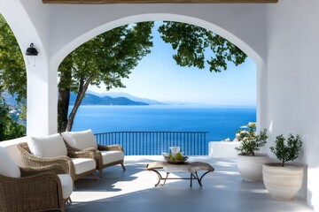 Fototapeta premium Mediterranean terrace overlooking beautiful blue sea and mountains