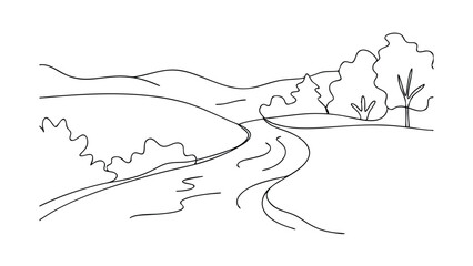 Fototapeta premium Serene Landscape Drawing Winding River, Rolling Hills, Lush Trees