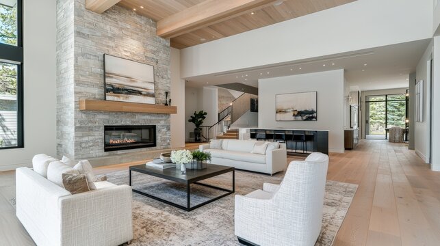 A model home showroom with sleek interiors, inviting viewers to explore possibilities, copy space included,