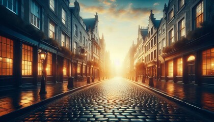 Obraz premium Empty historic district Cobbled streets gleaming under sunrise