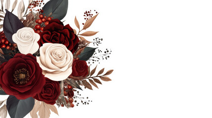 beautiful watercolor bouquet of red and white roses with green and brown leaves, accented by red berries, is elegantly arranged on white background