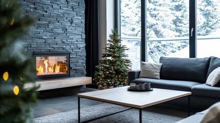 A glowing fireplace in a cozy living room, evoking warmth and comfort of owning a home, copy space available,