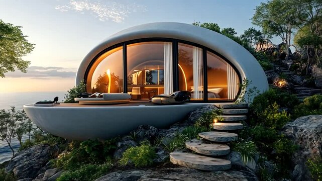 Futuristic oceanfront villa nestled on rocky cliffside at sunset modern architectural marvel design concept