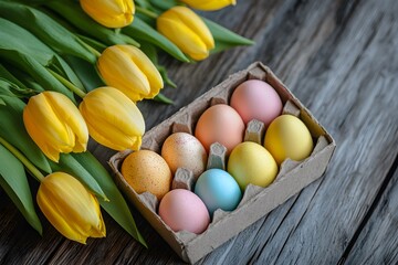 Colorful Easter eggs in a paper box and yellow tulips on a wooden table.
