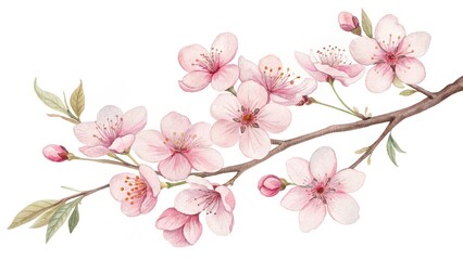 Blooming cherry blossom branch springtime watercolor art natural environment close-up view floral concept for nature lovers