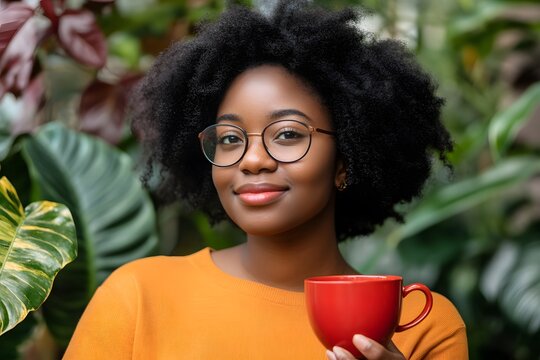 Young Black Woman with Afro  Glasses  and Coffee Mug in Lush Garden