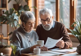 Old couple sitting at home, looking over theirPixar style character sheet with various expressions and poses while reading documents on the table in front of them ,sitting by coffee mug fulll visible 