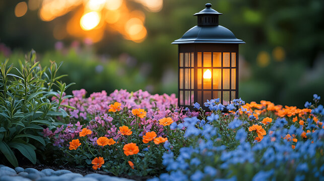Glowing lantern amidst garden flowers, peaceful dusk illumination, vibrant orange blue blossoms, serene twilight scene