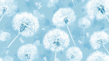 Seamless white dandelion pattern on blue watercolor background