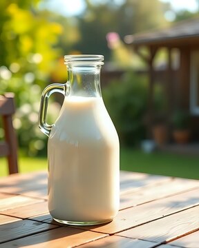photo d'une cruche remplie de lait de vache et pos&eacute;e sur une table en bois de pic nique ou de jardin