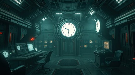 Futuristic control room features multiple clocks on the wall advanced technology and a dimly lit atmosphere that creates an intriguing mysterious ambiance