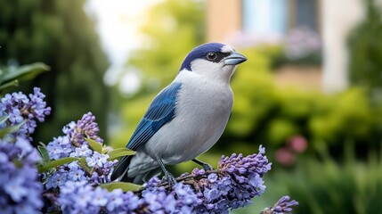 Obraz premium Elegant A bird perched on a branch of a jacaranda tree surrounded by a sea of delicate purple blossoms 