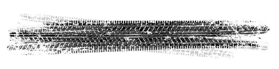Fototapeta premium Grunge tire tracks with mud splatters, dirty wheel braking marks. Truck, car, or motorcycle tread pattern silhouettes. Perfect for off-road, motorsport, and racing designs. Vector illustration