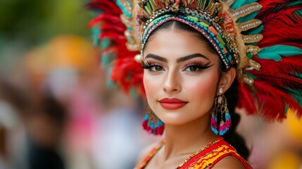 Obraz premium Elegant A close up of a performer wearing an elaborate Aztec inspired costume dancing in a Cinco de Mayo parade with vibrant feathered headdresses 