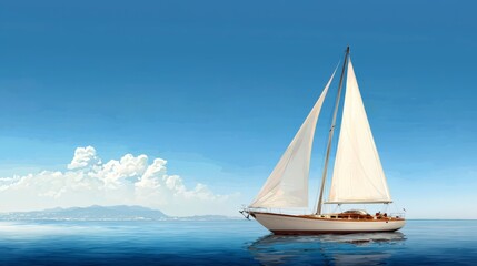 Fototapeta premium Elegant sailboat gliding on calm blue waters under clear sky with fluffy clouds, perfect for tranquil coastal imagery