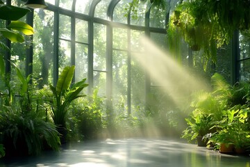 Sun rays shining through window in greenhouse illuminating plants
