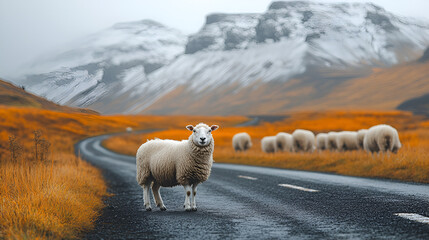 Lone sheep bravely on Icelandic road, majestic mountain backdrop autumn hues, serene natural beauty, tranquil landscape scene