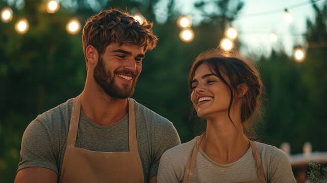 Elegant A dreamy outdoor pottery session with a couple sculpting under string lights surrounded by nature and creativity 