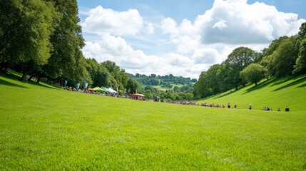 Elegant A festival like atmosphere at the cheese rolling event with food stalls flags and people enjoying picnics on the grassy hillside 