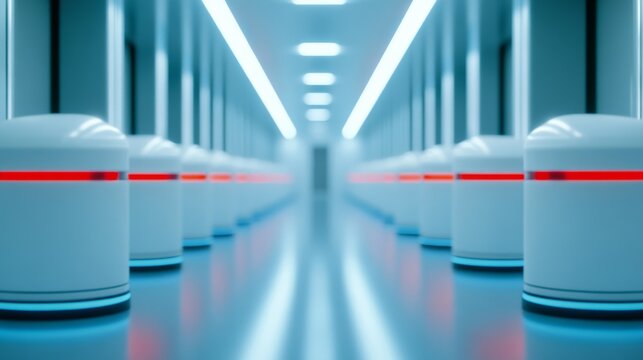 Elegant A futuristic factory with AI powered robots communicating over a 5G network optimizing production with real time data exchange  - Powered by Adobe