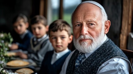 Fototapeta premium Elegant A grandfather reading from the Haggadah at a Passover Seder with children listening intently and matzah placed on the table 