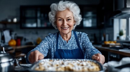 Elegant A grandmother lovingly passing down a family recipe for Passover kugel to her grandchildren surrounded by flour dusted countertops 