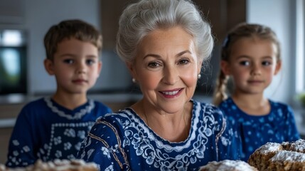 Elegant A grandmother lovingly passing down a family recipe for Passover kugel to her grandchildren surrounded by flour dusted countertops 