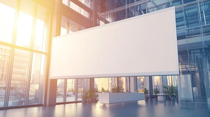 Large Banner Hanging in a Modern Business Atrium with Natural Light