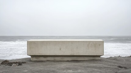 Fototapeta premium A stark white concrete podium, its surface slick with moisture, stood sentinel against the coarse, grey sand, a stark contrast to the natural world around it.
