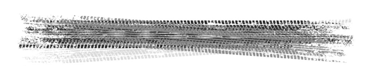 Grunge tire tracks with mud splatters, dirty wheel braking marks. Truck, car, or motorcycle tread pattern silhouettes. Perfect for off-road, motorsport, and racing designs. Vector illustration