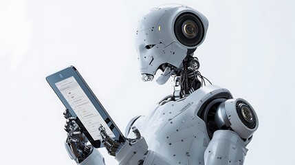 Photograph of an AI robot holding an iPad and talking on a phone, isolated against a white background. Ultra-realistic photography.
