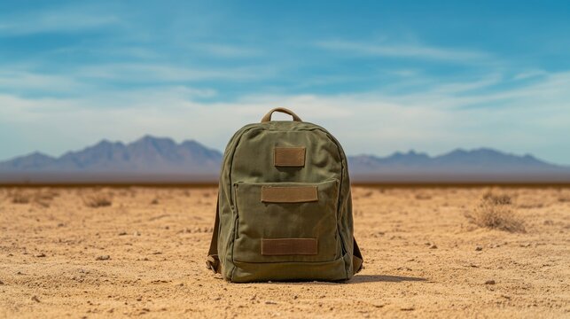 Elegant A migrants worn backpack lying abandoned in the desert sand near the US Mexico border symbolizing the harsh journey across the borderlands 