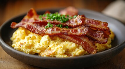 A golden halo of scrambled eggs cradled by crispy bacon strips, a breakfast masterpiece that tantalizes the taste buds.