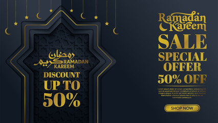 Islamic Festival Sale Banner with Crescent Moon and Stars with Mosque Door