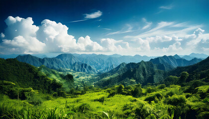Obraz premium Green mountains and beautiful sky clouds under the blue sky, World Environment Day concept
