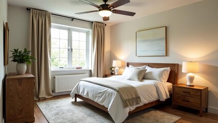 
Bedroom in warm colors. Hotel. Bedroom in Arafed style with a bed, chest of drawers and ceiling fan.