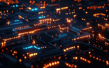 Obraz premium A glowing electronic circuit board evokes a miniature urban skyline at night