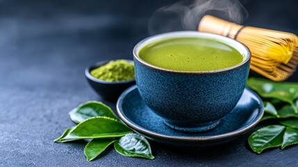 Elegant A steaming cup of matcha green tea in a traditional ceramic cup surrounded by fresh matcha leaves and a bamboo whisk 
