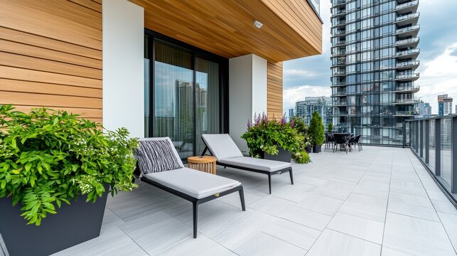 A chic rooftop terrace with lounge chairs, urban sophistication appeal, copy space available,