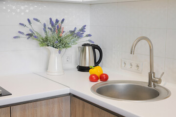 Faucet and steel sink in the kitchen