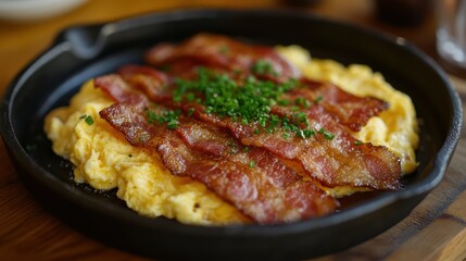 A golden masterpiece of breakfast perfection: fluffy scrambled eggs nestled amongst crispy strips of bacon, a symphony of flavors and textures.