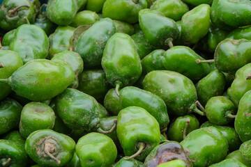 Background pattern and texture of fresh green peppers at the market.Agriculture industry concept.For graphic design,3D rendering and banner background