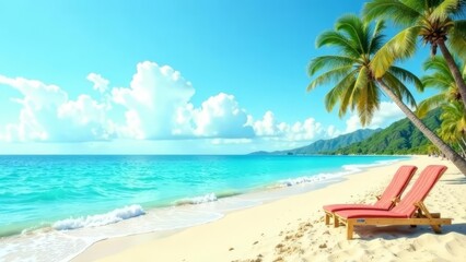 Fototapeta premium beach chairs and umbrella, Beach umbrella with chairs on the sand.