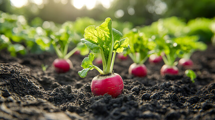 Vibrant radishes bursting fertile earth, bounty of nature's light, rich soil growth, fresh organic harvest