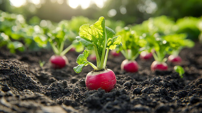 Vibrant radishes bursting fertile earth, bounty of nature's light, rich soil growth, fresh organic harvest - Powered by Adobe