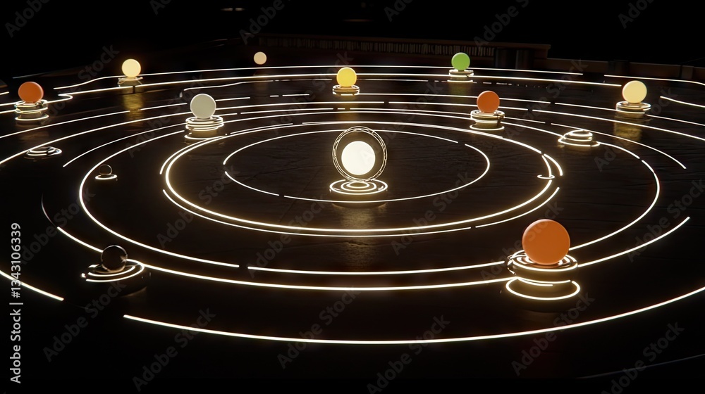 Canvas Prints illuminated orbs orbiting a central light, modern design on a dark background
