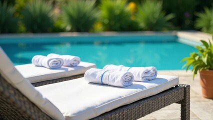 swimming pool in hotel, 
by the pool with towel rolls on chairs. Pool. Hotel. Recreation
